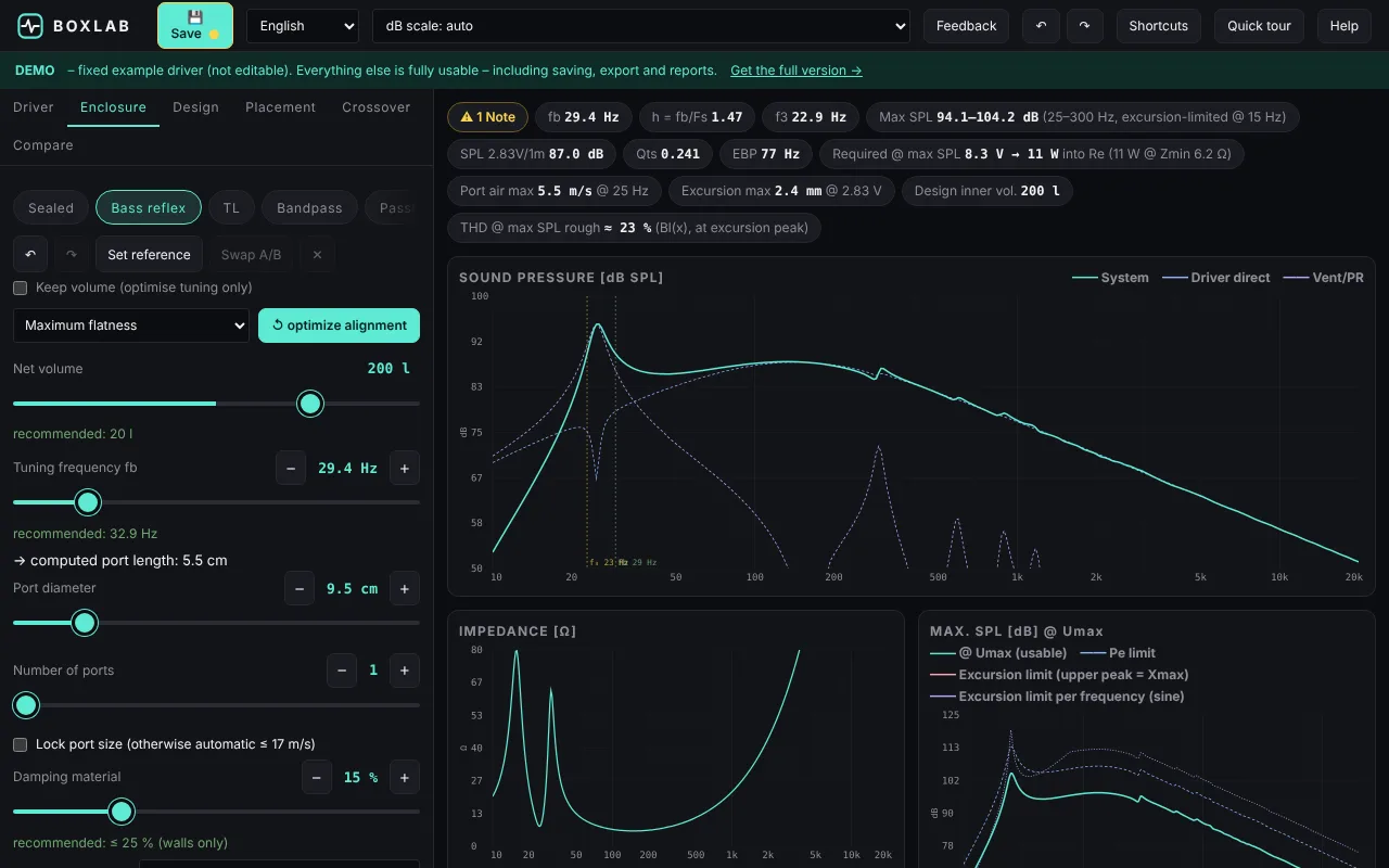 boxlab on desktop: bass reflex simulation with SPL curve, impedance and max SPL plots