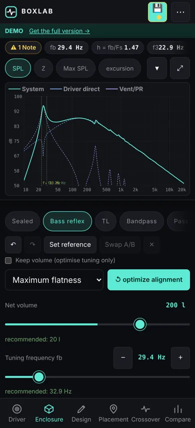 boxlab on a phone: SPL plot and enclosure controls with bottom navigation